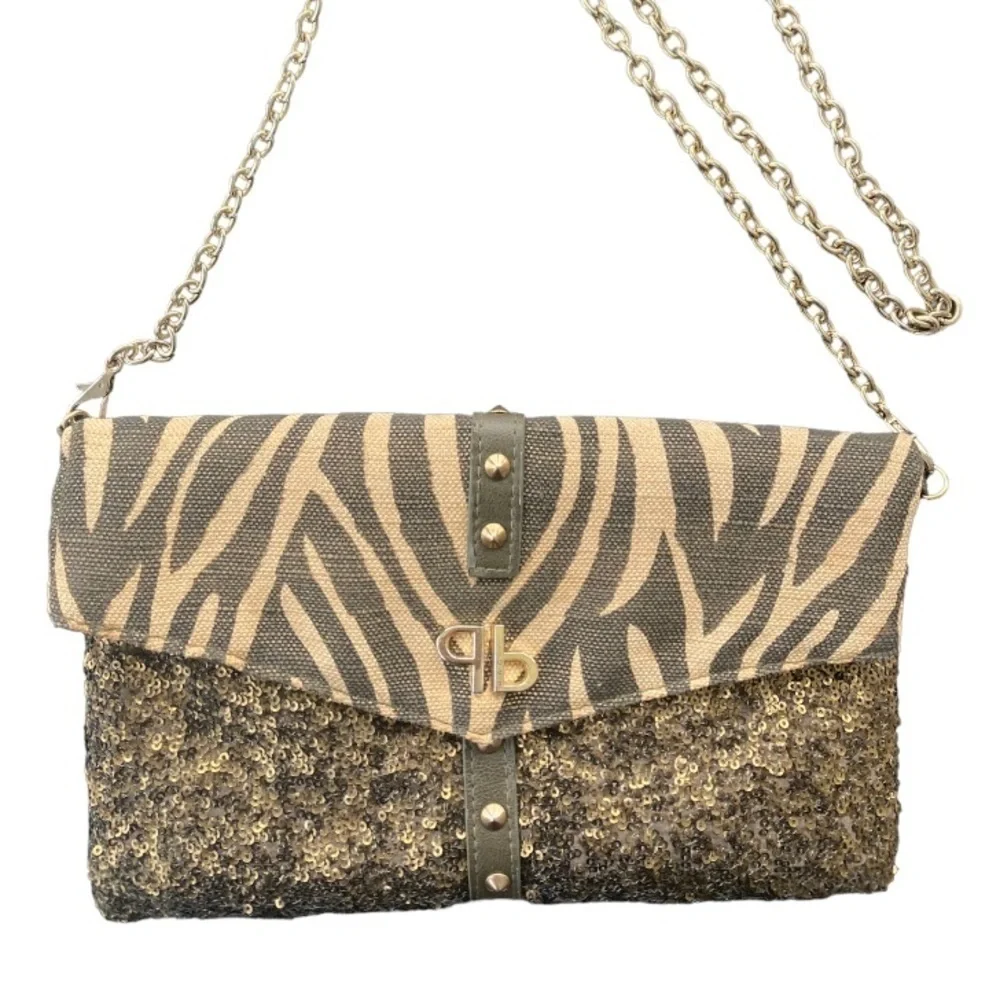 Pinko Shoulder Bag Clutch Animal Print and Sequins with Goldtone Chain